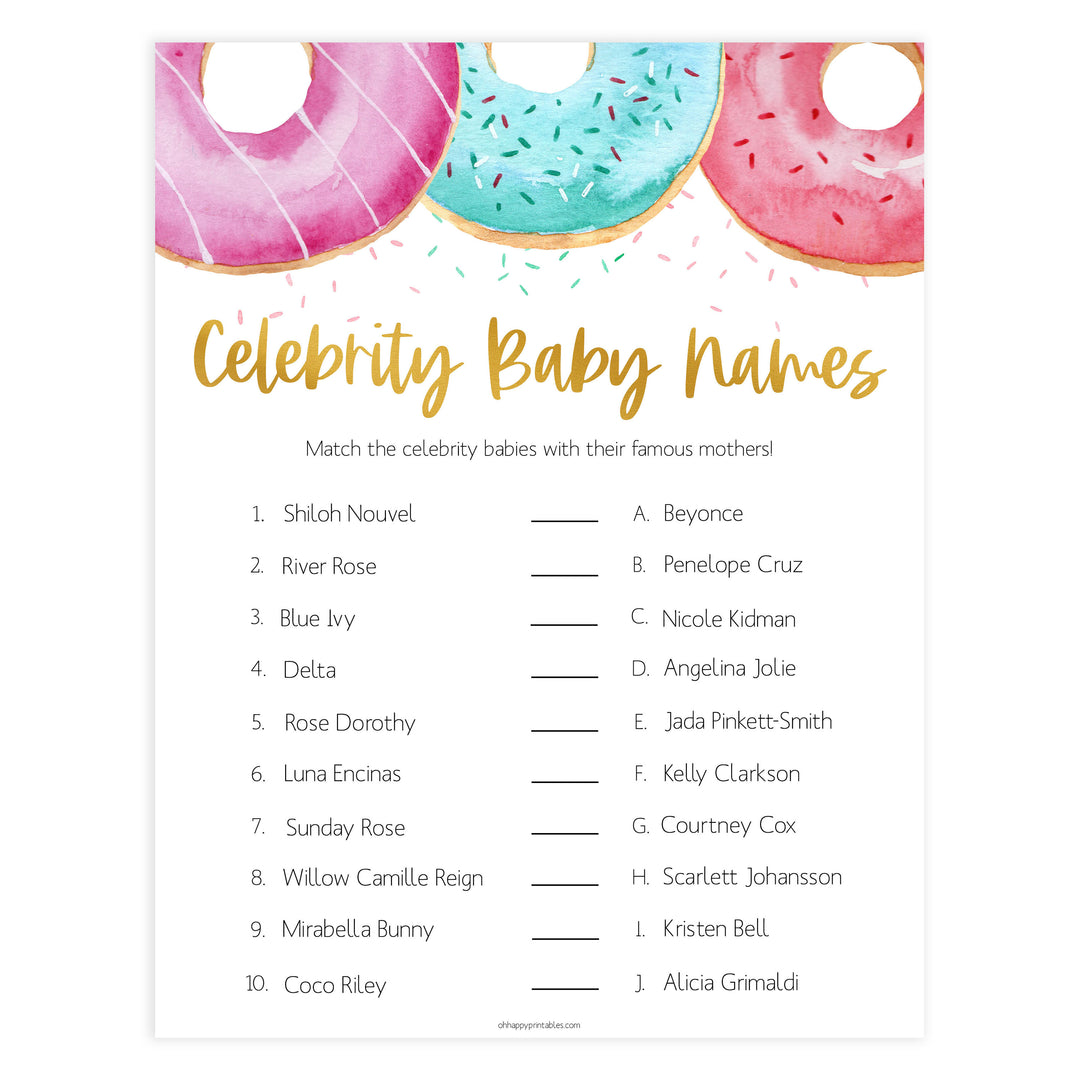 celebrity baby names game, Printable baby shower games, donut baby games, baby shower games, fun baby shower ideas, top baby shower ideas, donut sprinkles baby shower, baby shower games, fun donut baby shower ideas