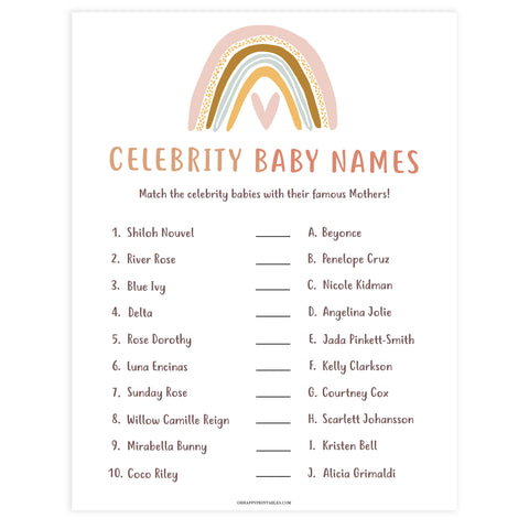 celebrity baby names game, Printable baby shower games, boho rainbow baby games, baby shower games, fun baby shower ideas, top baby shower ideas, boho rainbow baby shower, baby shower games, fun boho rainbow baby shower ideas