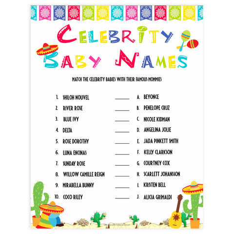 celebrity baby names game, Printable baby shower games, Mexican fiesta fun baby games, baby shower games, fun baby shower ideas, top baby shower ideas, fiesta shower baby shower, fiesta baby shower ideas