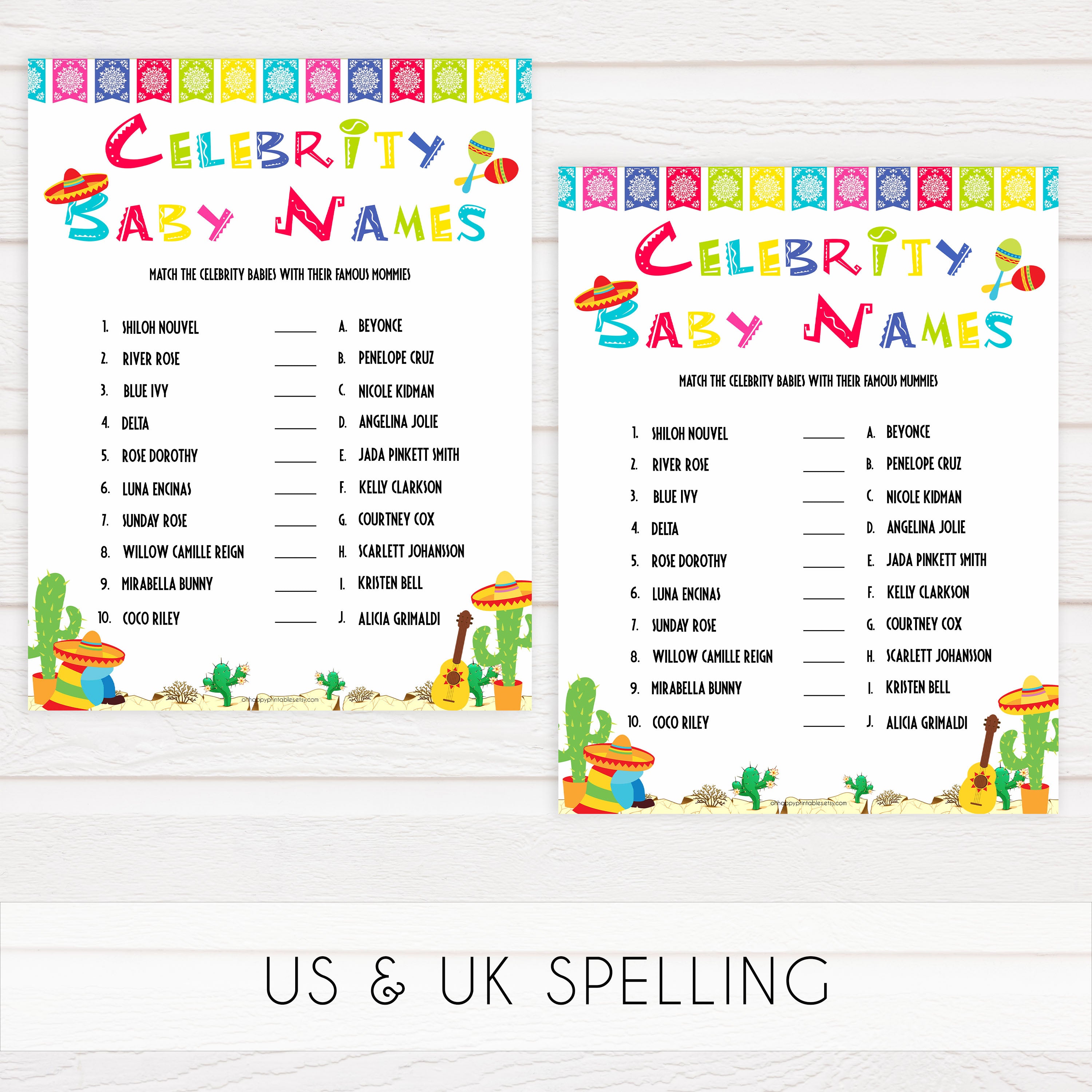 celebrity baby names game, Printable baby shower games, Mexican fiesta fun baby games, baby shower games, fun baby shower ideas, top baby shower ideas, fiesta shower baby shower, fiesta baby shower ideas