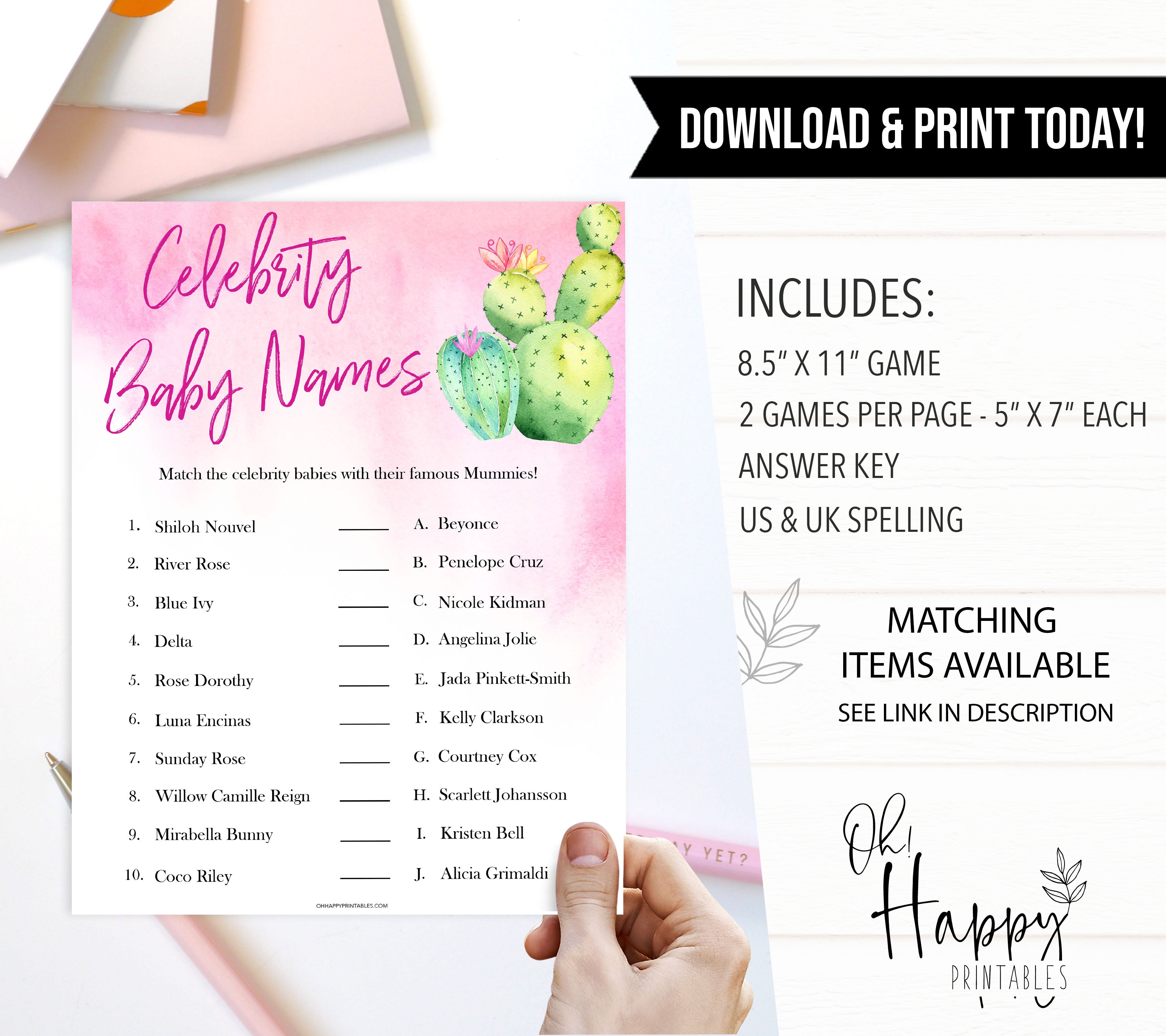 Cactus baby shower games, cactus celebrity baby names baby game, printable baby games, Mexican baby shower, Mexican baby games, fiesta baby games, popular baby games, printable baby games