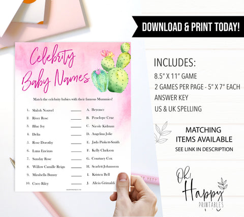 Cactus baby shower games, cactus celebrity baby names baby game, printable baby games, Mexican baby shower, Mexican baby games, fiesta baby games, popular baby games, printable baby games