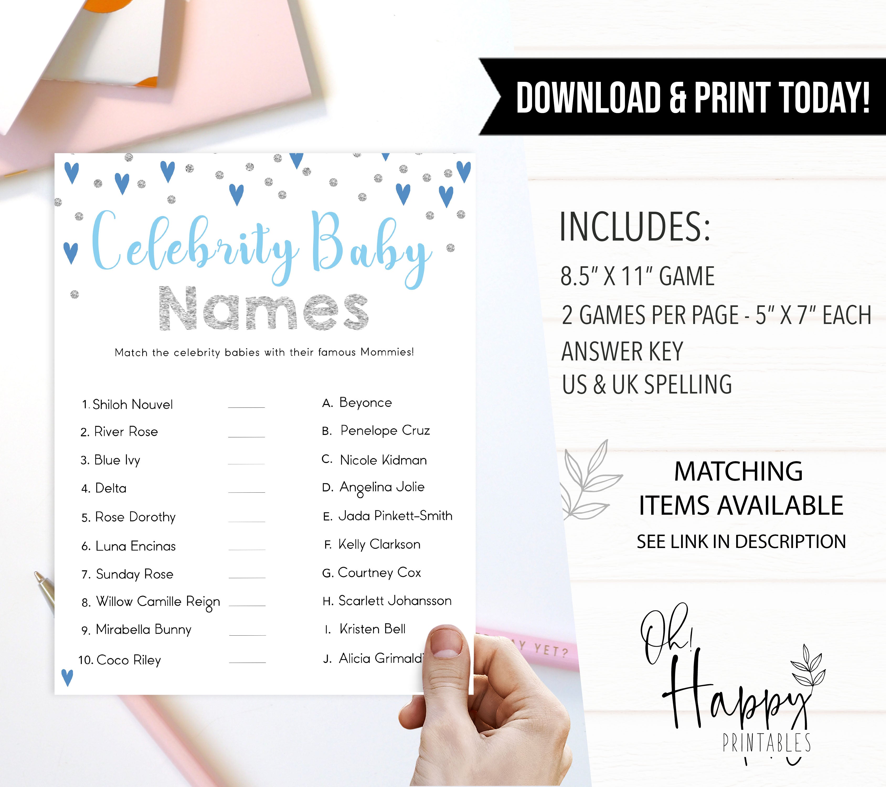 celebrity baby names game, Printable baby shower games, small blue hearts fun baby games, baby shower games, fun baby shower ideas, top baby shower ideas, silver baby shower, blue hearts baby shower ideas
