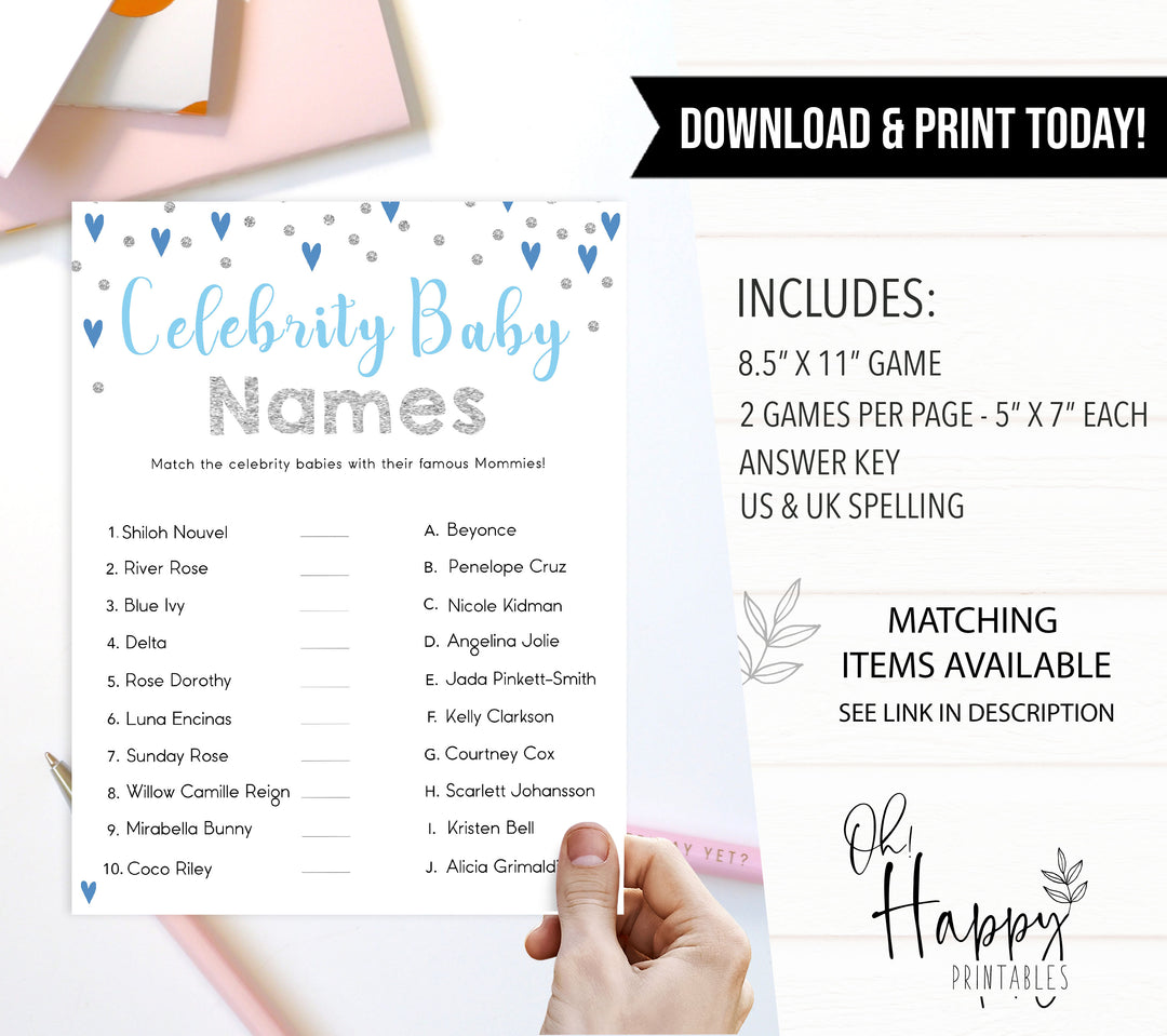 celebrity baby names game, Printable baby shower games, small blue hearts fun baby games, baby shower games, fun baby shower ideas, top baby shower ideas, silver baby shower, blue hearts baby shower ideas