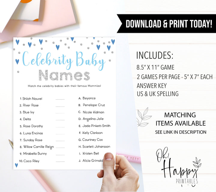 celebrity baby names game, Printable baby shower games, small blue hearts fun baby games, baby shower games, fun baby shower ideas, top baby shower ideas, silver baby shower, blue hearts baby shower ideas