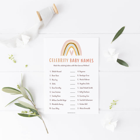 celebrity baby names game, Printable baby shower games, boho rainbow baby games, baby shower games, fun baby shower ideas, top baby shower ideas, boho rainbow baby shower, baby shower games, fun boho rainbow baby shower ideas