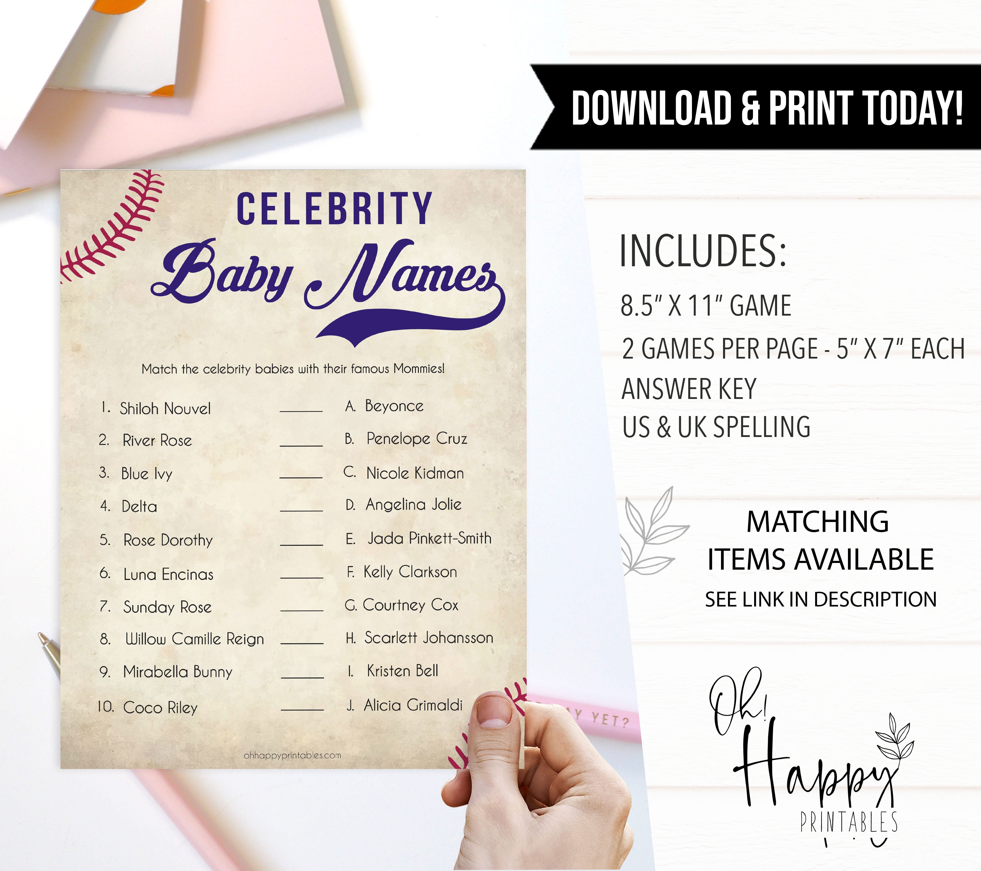 Baseball Celebrity Baby Names, Match Celebrity Babies, Famous Babies Game, Baby Shower Games, Guess the Celebrity Baby, Famous Baby, printable baby shower games, fun baby shower games, popular baby shower games