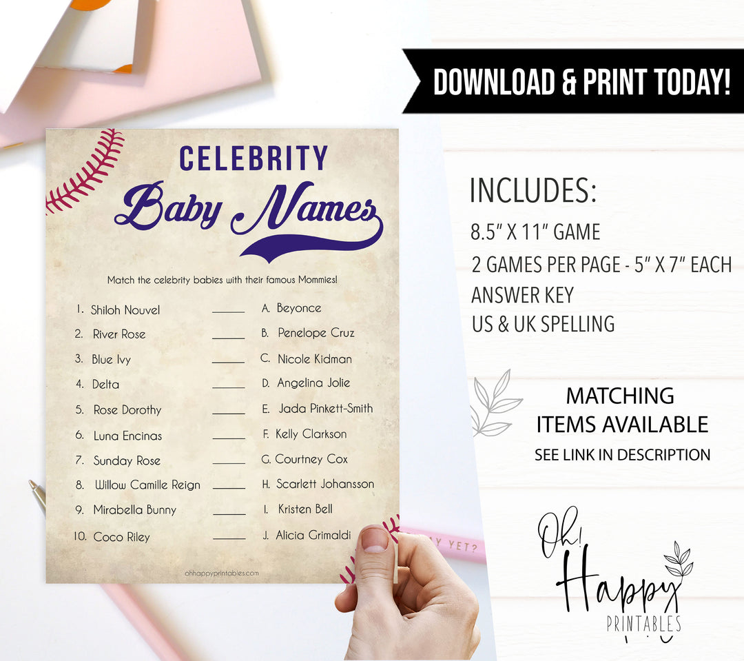 Baseball Celebrity Baby Names, Match Celebrity Babies, Famous Babies Game, Baby Shower Games, Guess the Celebrity Baby, Famous Baby, printable baby shower games, fun baby shower games, popular baby shower games