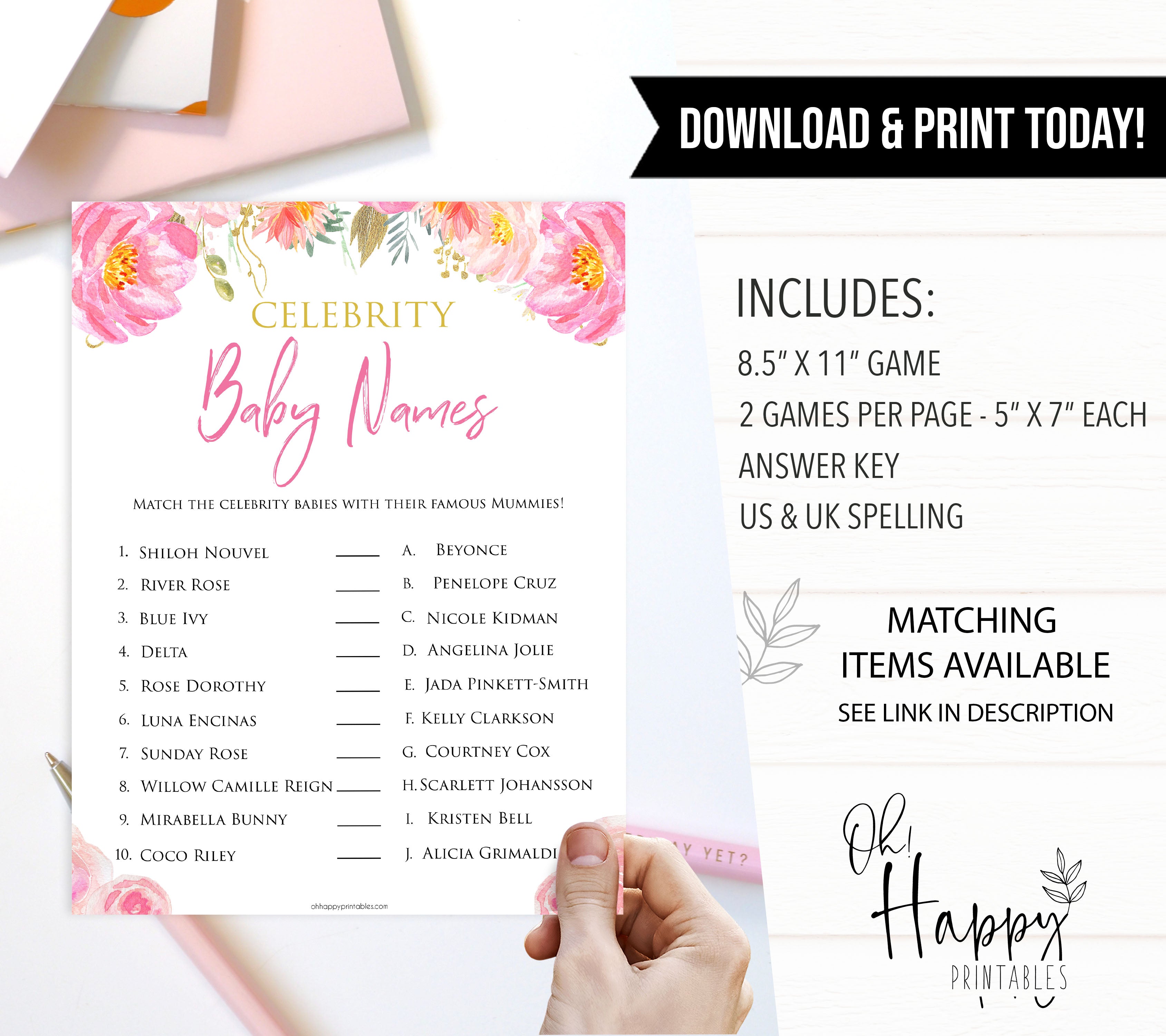 Pink blush floral celebrity baby names game, printable baby games, baby shower games, blush baby shower, floral baby games, girl baby shower ideas, pink baby shower ideas, floral baby games, popular baby games, fun baby games