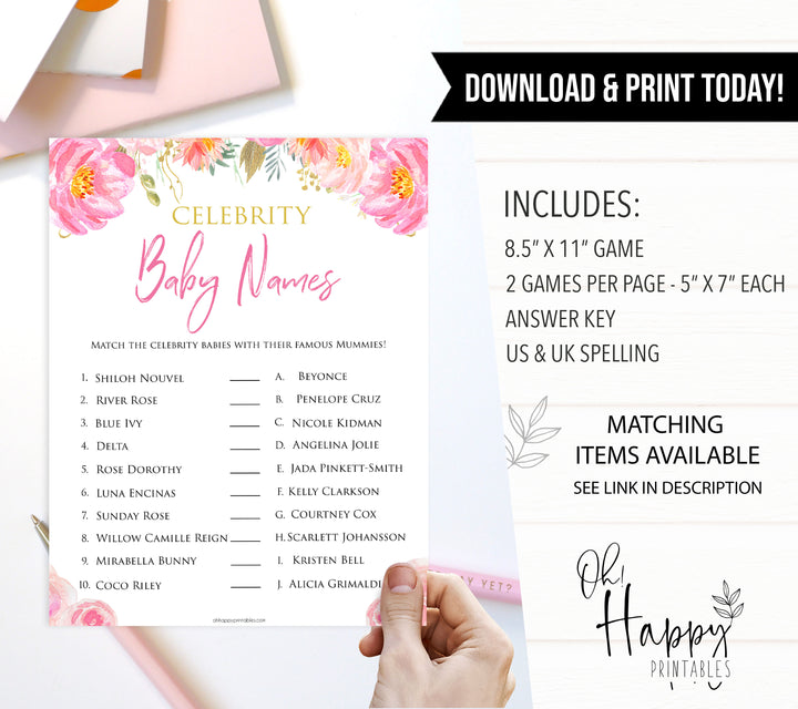 Pink blush floral celebrity baby names game, printable baby games, baby shower games, blush baby shower, floral baby games, girl baby shower ideas, pink baby shower ideas, floral baby games, popular baby games, fun baby games