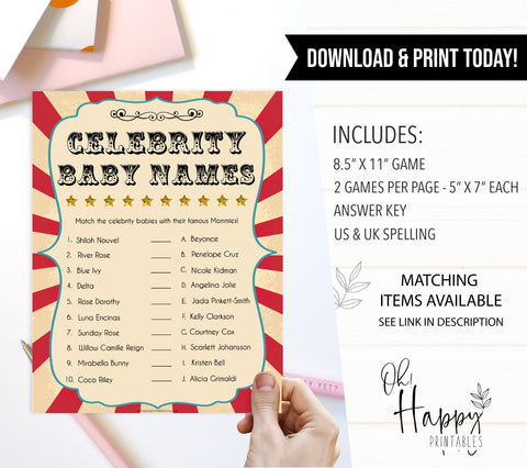 Circus celebrity baby names shower games, circus baby games, carnival baby games, printable baby games, fun baby games, popular baby games, carnival baby shower, carnival theme