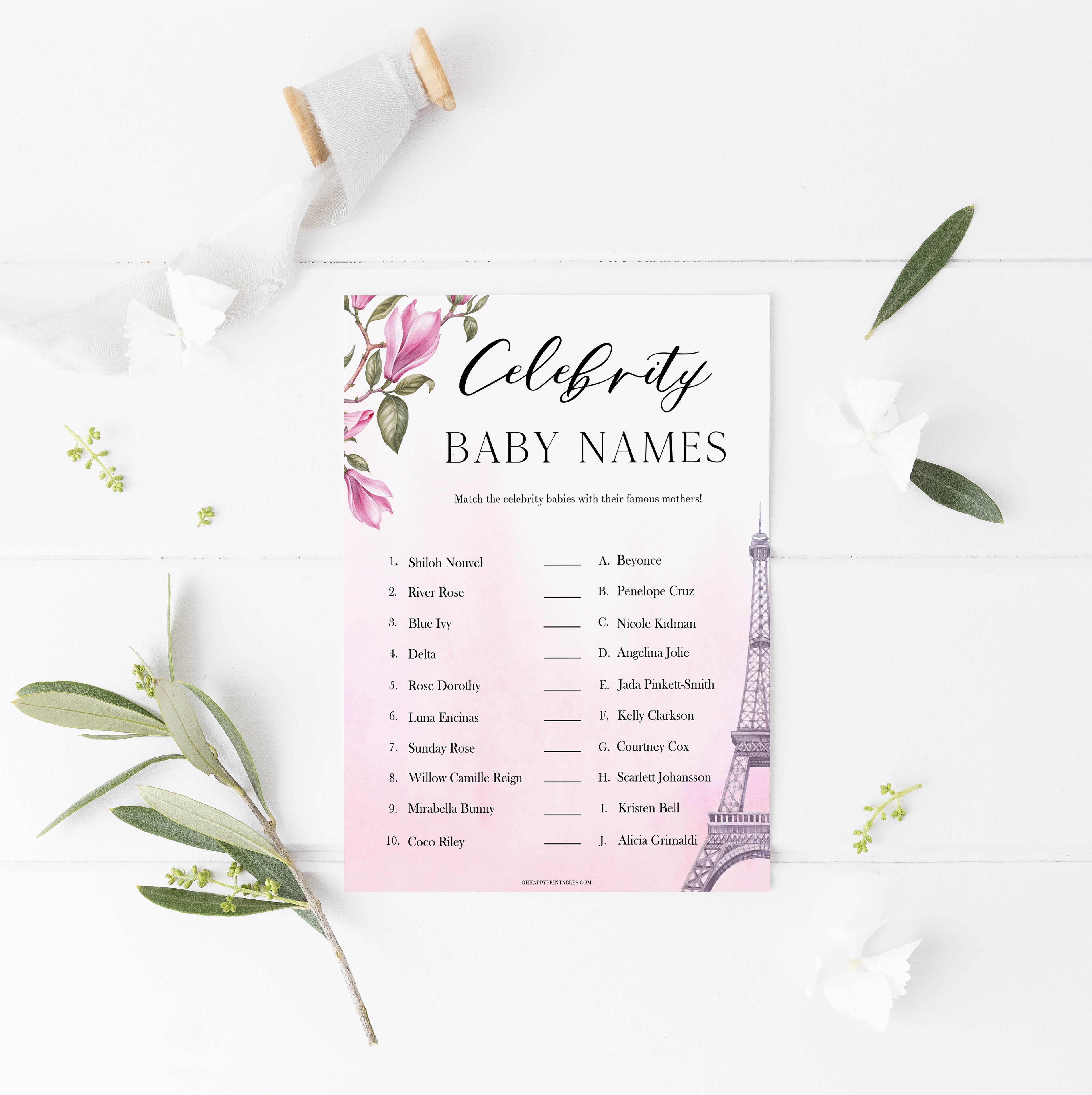 celebrity baby names game,  Paris baby shower games, printable baby shower games, Parisian baby shower games, fun baby shower games