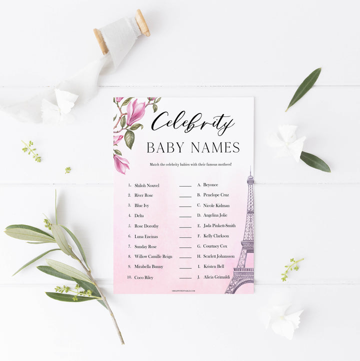 celebrity baby names game,  Paris baby shower games, printable baby shower games, Parisian baby shower games, fun baby shower games