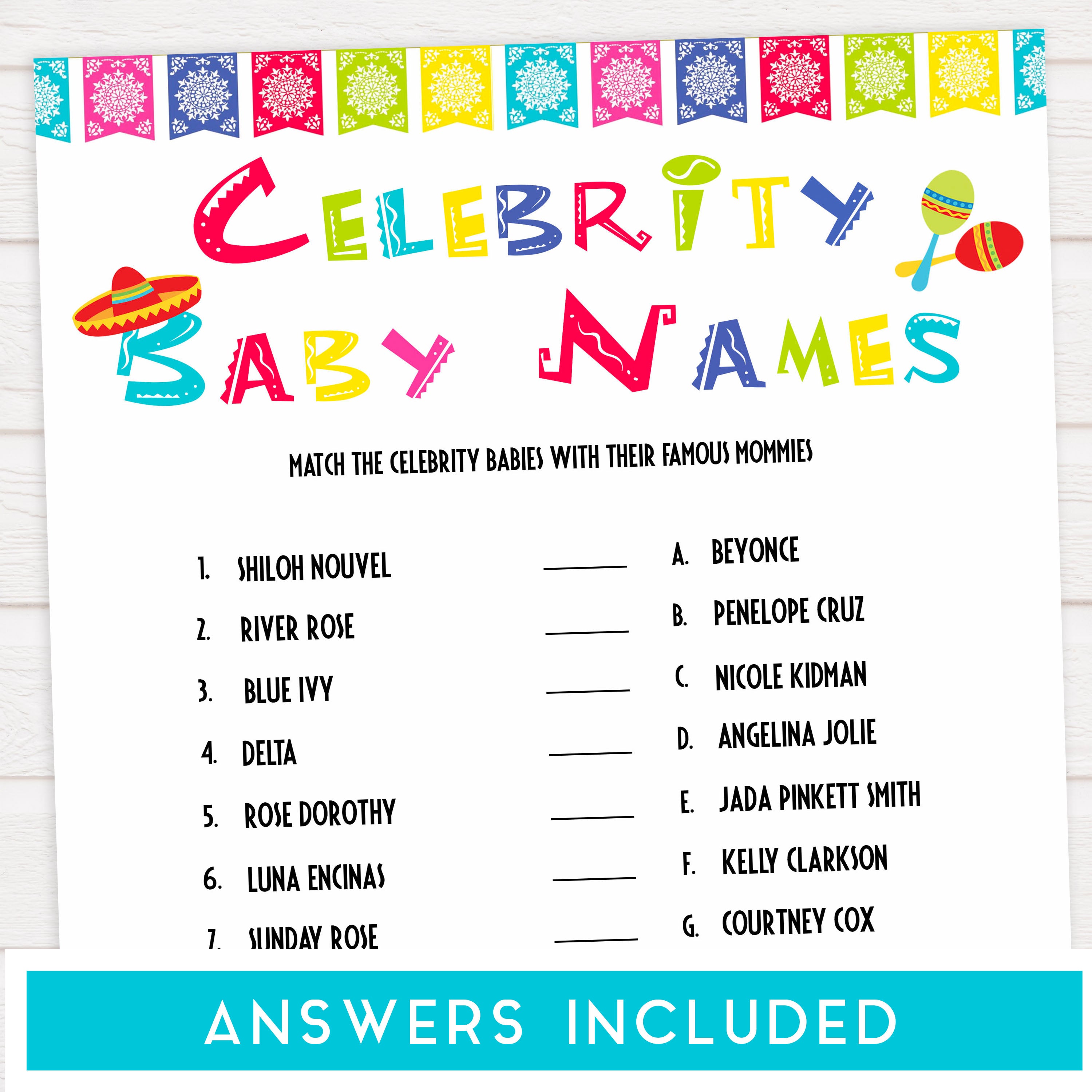 celebrity baby names game, Printable baby shower games, Mexican fiesta fun baby games, baby shower games, fun baby shower ideas, top baby shower ideas, fiesta shower baby shower, fiesta baby shower ideas