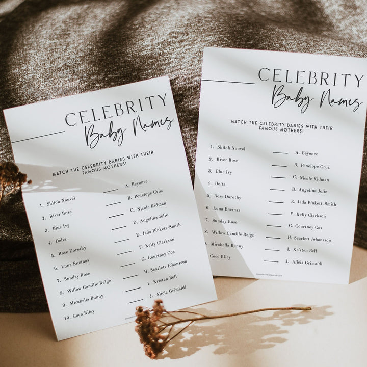 celebrity baby names baby shower game, printable baby shower games, editable baby shower games, modern baby shower games, minimalist baby shower