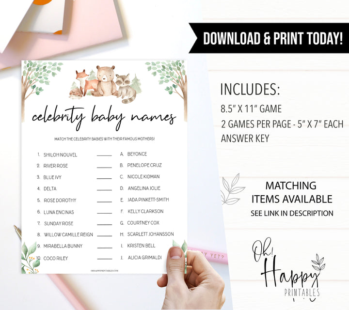 celebrity baby names game, Printable baby shower games, woodland animals baby games, baby shower games, fun baby shower ideas, top baby shower ideas, woodland baby shower, baby shower games, fun woodland animals baby shower ideas