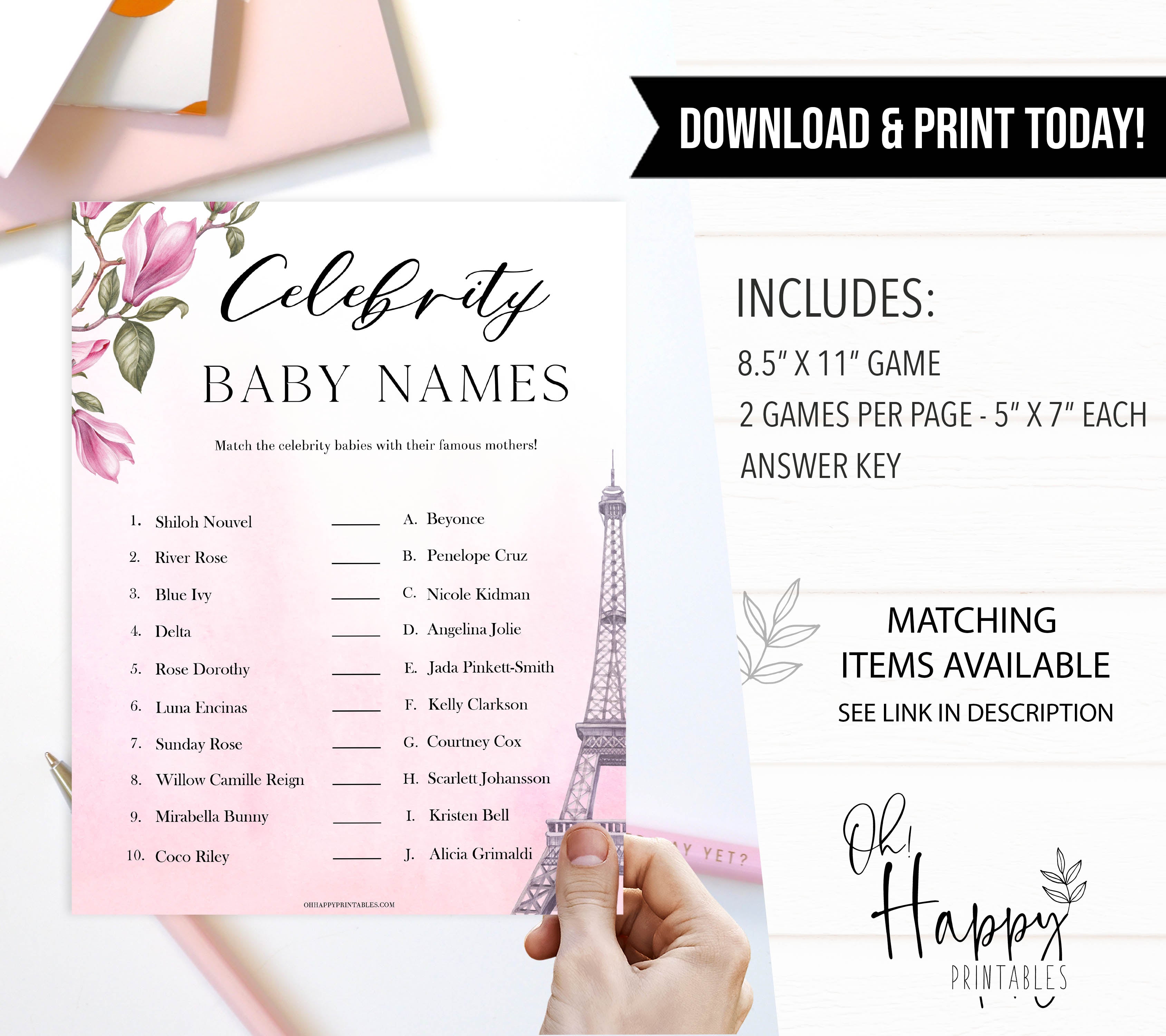 celebrity baby names game,  Paris baby shower games, printable baby shower games, Parisian baby shower games, fun baby shower games