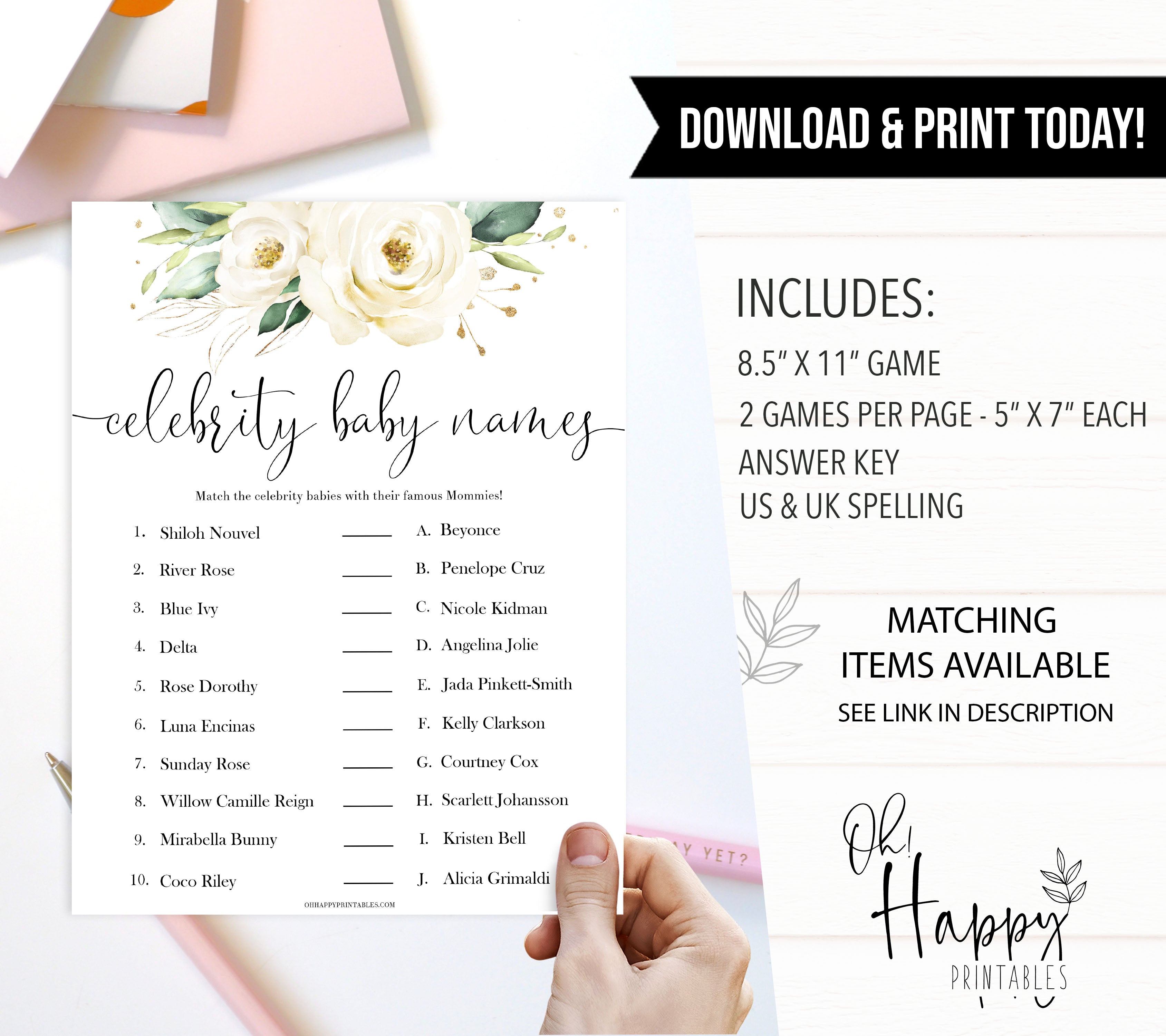 celebrity baby names game, Printable baby shower games, shite floral baby games, baby shower games, fun baby shower ideas, top baby shower ideas, floral baby shower, baby shower games, fun floral baby shower ideas