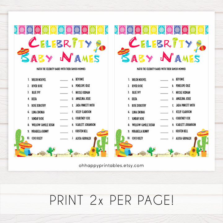 celebrity baby names game, Printable baby shower games, Mexican fiesta fun baby games, baby shower games, fun baby shower ideas, top baby shower ideas, fiesta shower baby shower, fiesta baby shower ideas