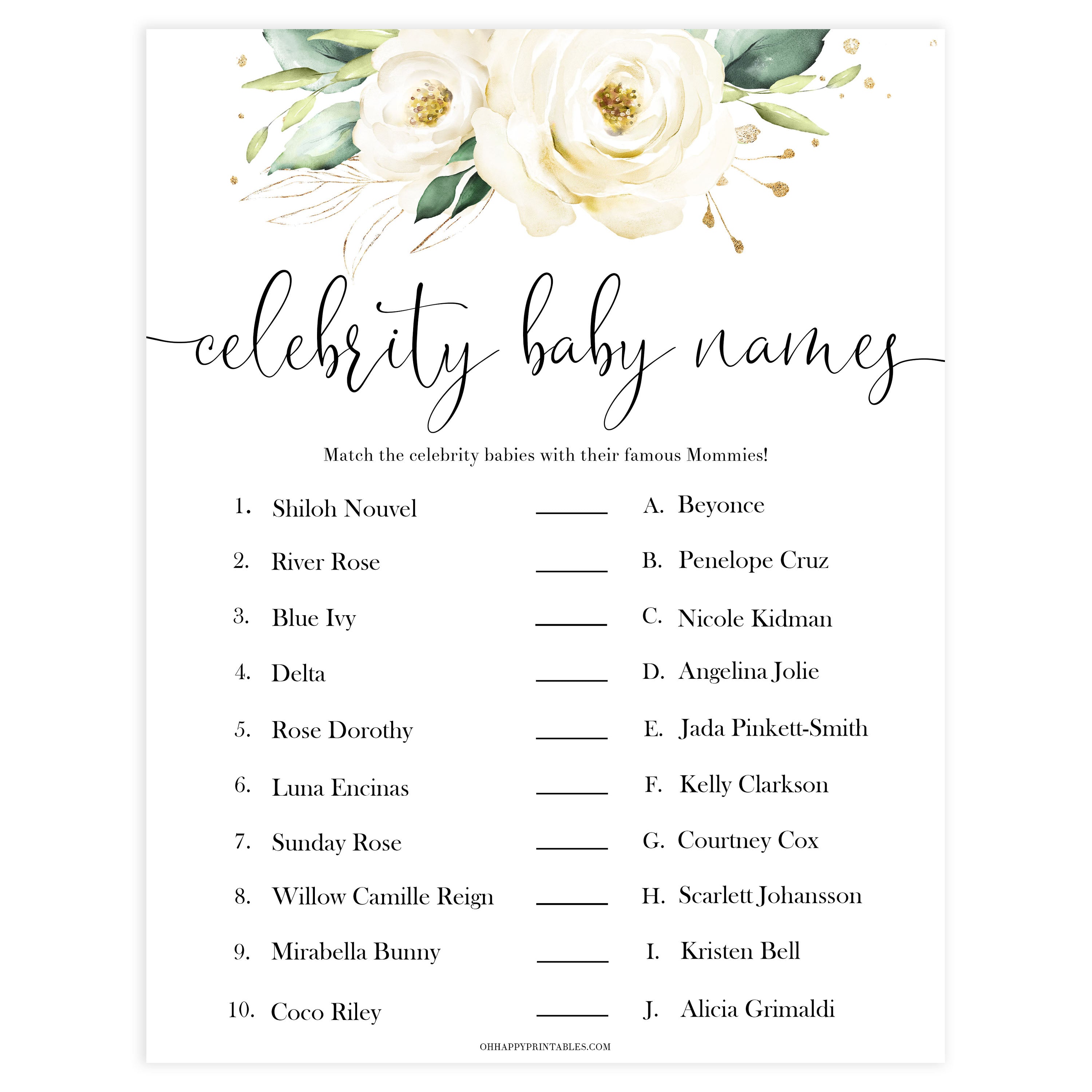 celebrity baby names game, Printable baby shower games, shite floral baby games, baby shower games, fun baby shower ideas, top baby shower ideas, floral baby shower, baby shower games, fun floral baby shower ideas