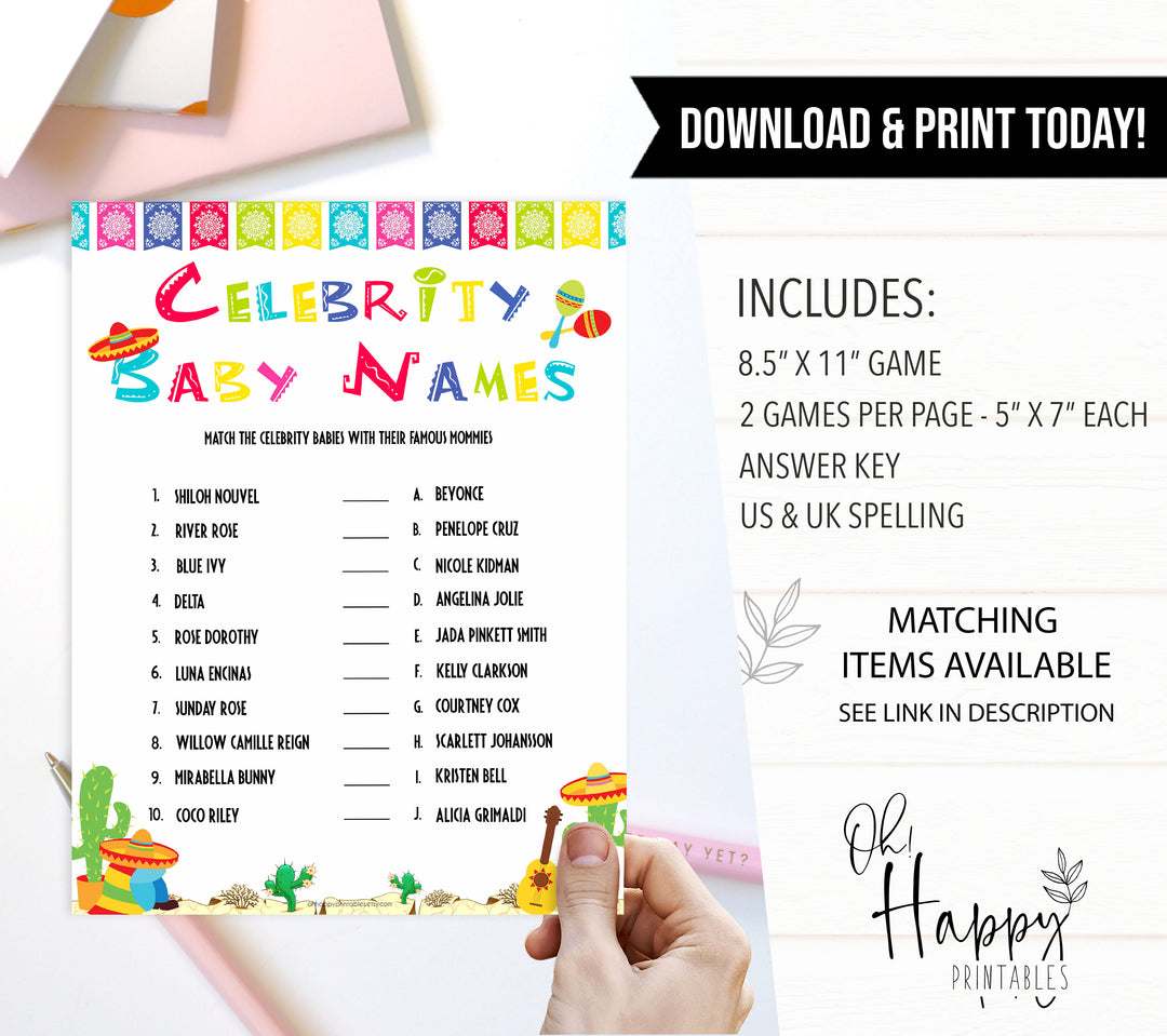 celebrity baby names game, Printable baby shower games, Mexican fiesta fun baby games, baby shower games, fun baby shower ideas, top baby shower ideas, fiesta shower baby shower, fiesta baby shower ideas