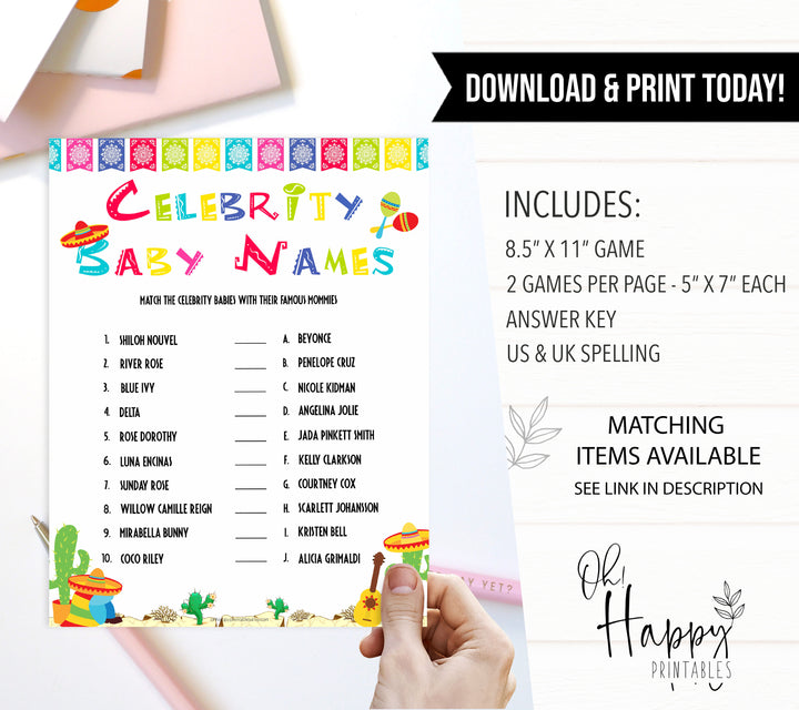 celebrity baby names game, Printable baby shower games, Mexican fiesta fun baby games, baby shower games, fun baby shower ideas, top baby shower ideas, fiesta shower baby shower, fiesta baby shower ideas