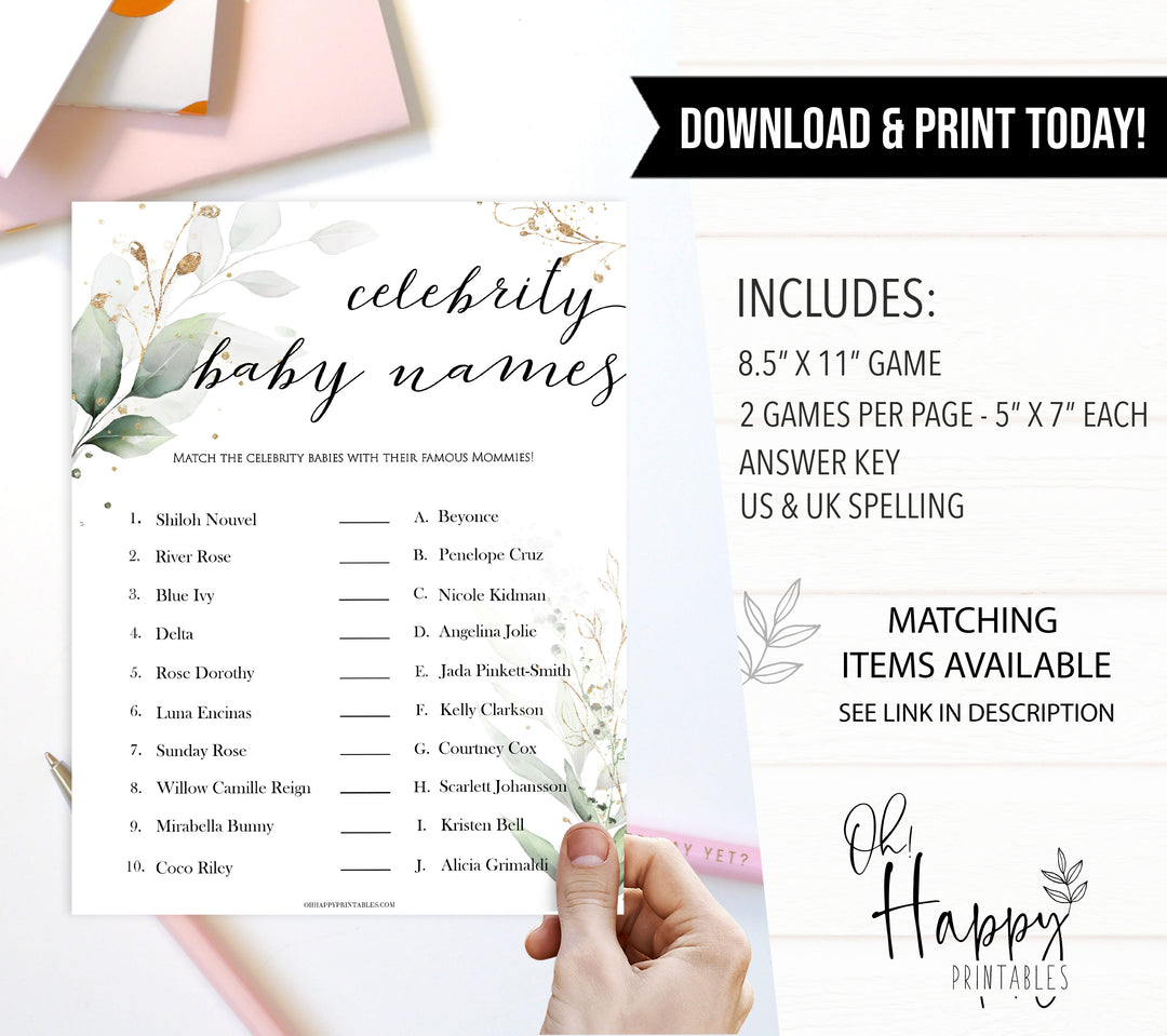 Gold green leaf baby games, celebrity baby names, printable baby games, fun baby games, top baby games to play, gold leaf baby shower, greenery baby shower ideas