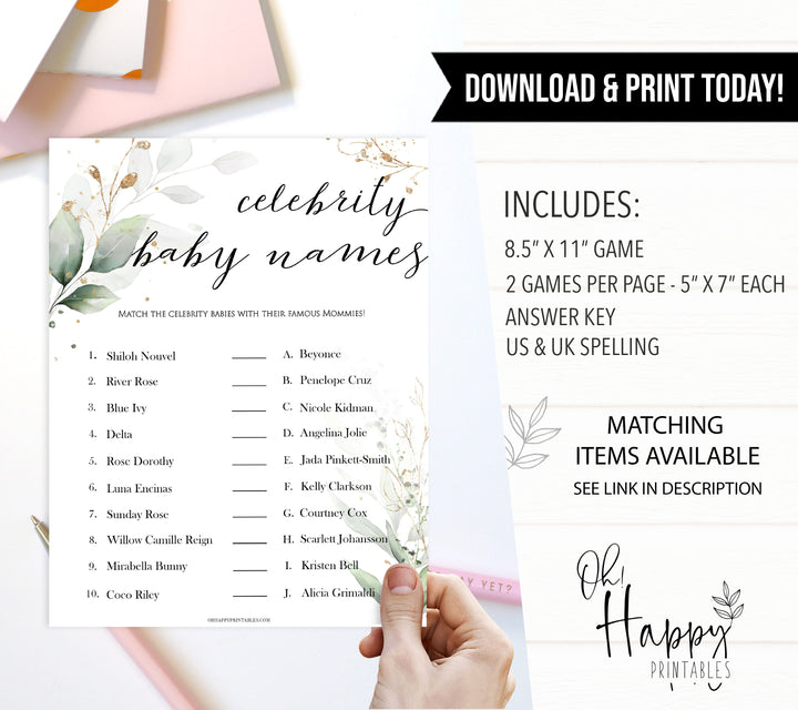 Gold green leaf baby games, celebrity baby names, printable baby games, fun baby games, top baby games to play, gold leaf baby shower, greenery baby shower ideas