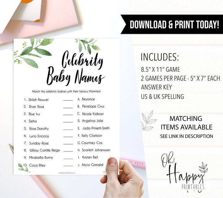 Botanical Celebrity Baby Names, Greenery Guess the Celebrity Baby, Famous Babies Game, Celebrity Babies Game, Botanical Baby Shower, top baby shower games, best baby games, baby shower games