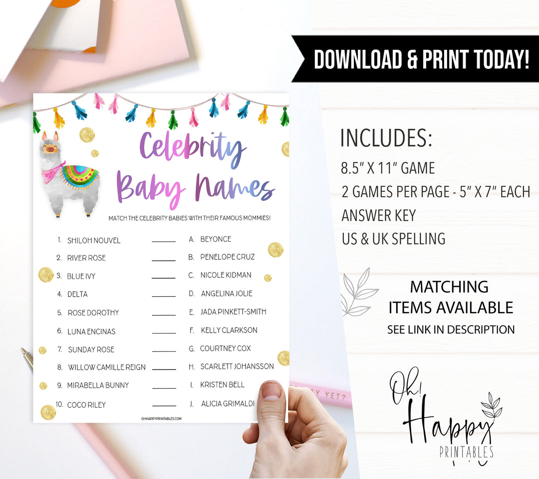 celebrity baby names, Printable baby shower games, llama fiesta fun baby games, baby shower games, fun baby shower ideas, top baby shower ideas, Llama fiesta shower baby shower, fiesta baby shower ideas