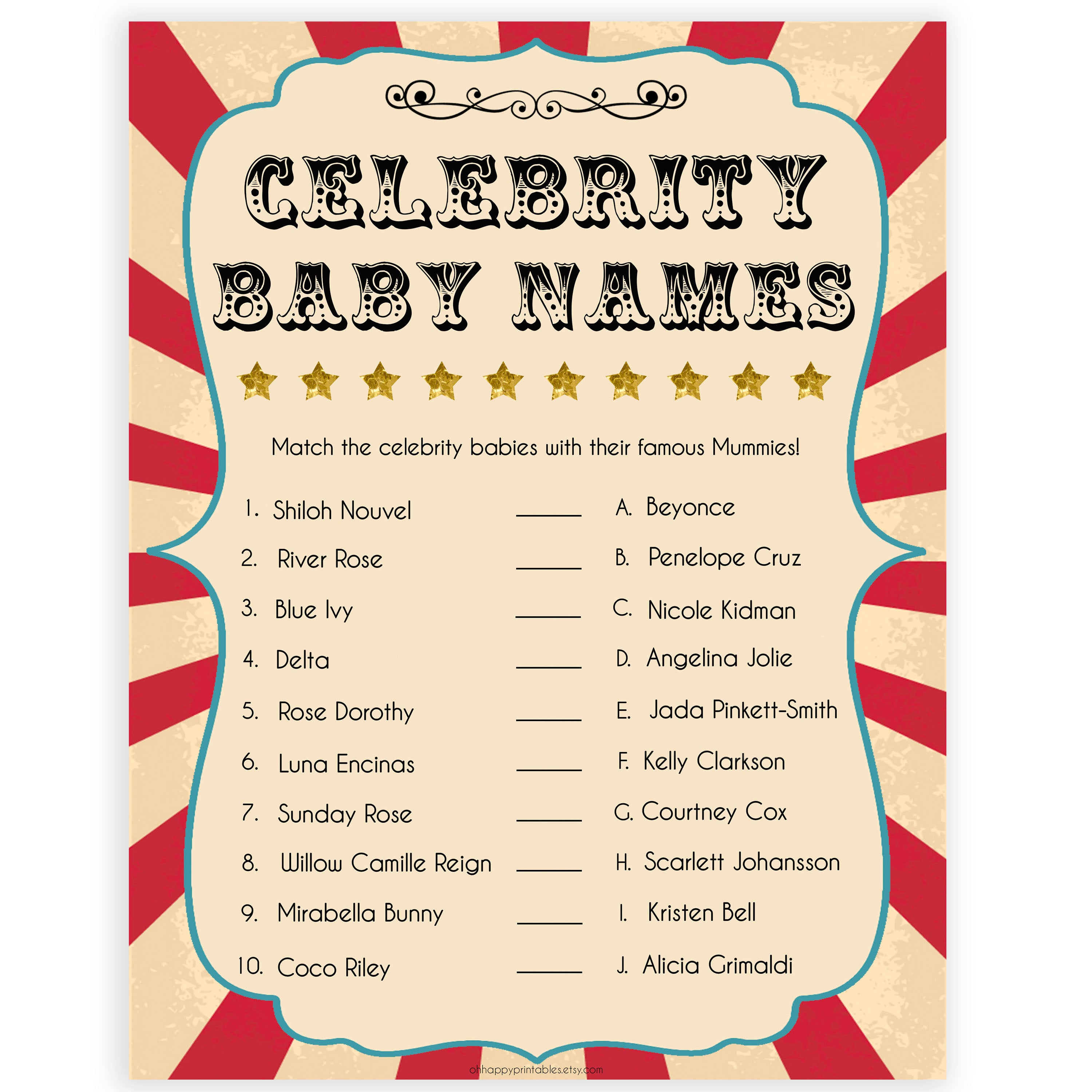 Circus celebrity baby names shower games, circus baby games, carnival baby games, printable baby games, fun baby games, popular baby games, carnival baby shower, carnival theme