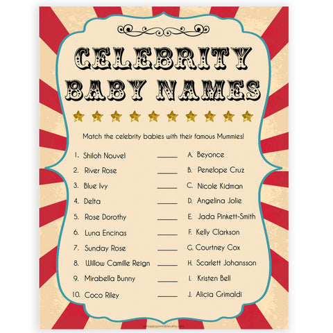 Circus celebrity baby names shower games, circus baby games, carnival baby games, printable baby games, fun baby games, popular baby games, carnival baby shower, carnival theme
