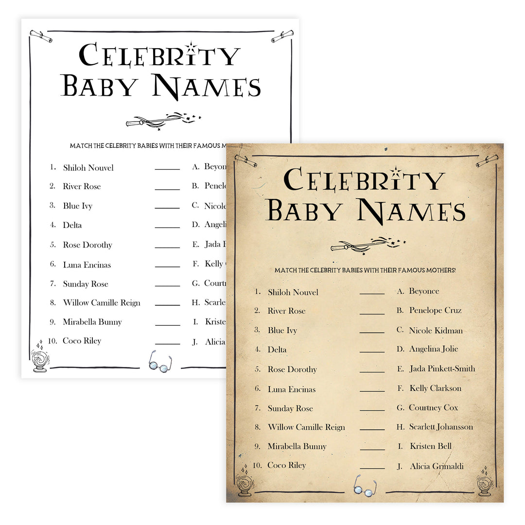 Celebrity Baby Names Baby Game, Wizard baby shower games, printable baby shower games, Harry Potter baby games, Harry Potter baby shower, fun baby shower games,  fun baby ideas