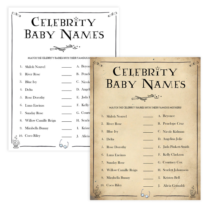 Celebrity Baby Names Baby Game, Wizard baby shower games, printable baby shower games, Harry Potter baby games, Harry Potter baby shower, fun baby shower games,  fun baby ideas