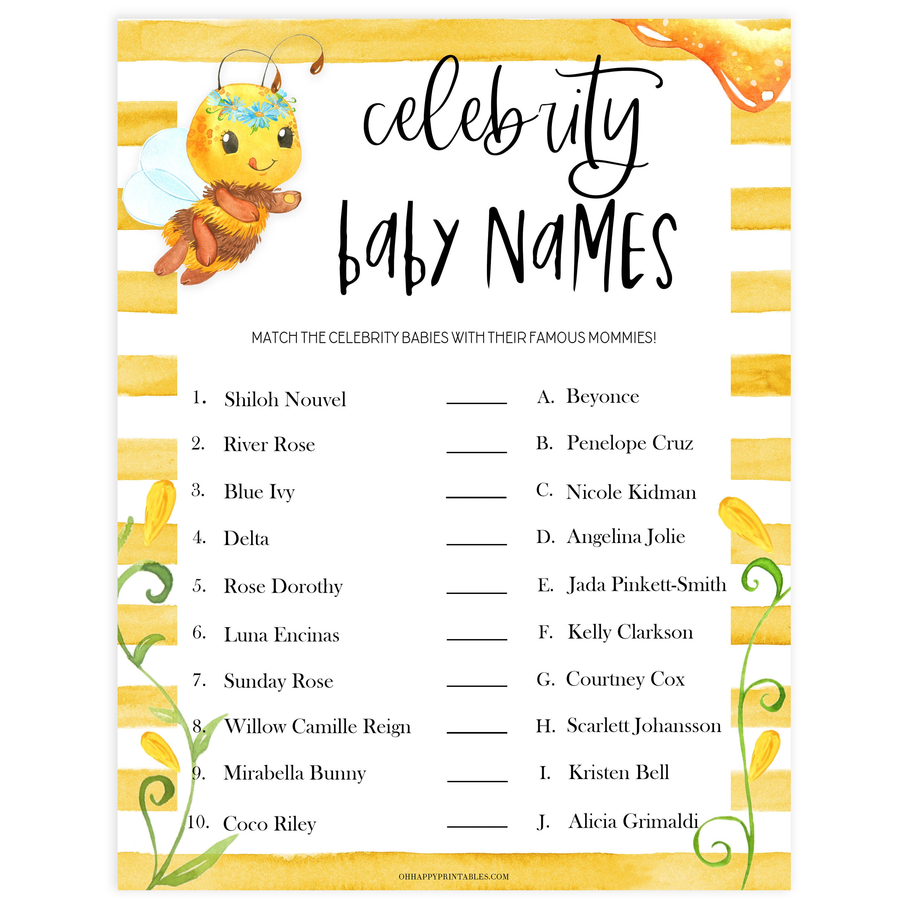 Celebrity Baby Names - Mommy To BEE Printable Baby Games