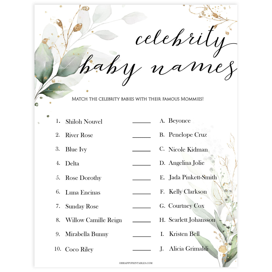 Gold green leaf baby games, celebrity baby names, printable baby games, fun baby games, top baby games to play, gold leaf baby shower, greenery baby shower ideas