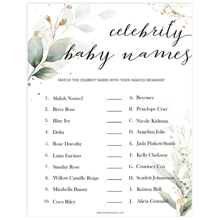Gold green leaf baby games, celebrity baby names, printable baby games, fun baby games, top baby games to play, gold leaf baby shower, greenery baby shower ideas