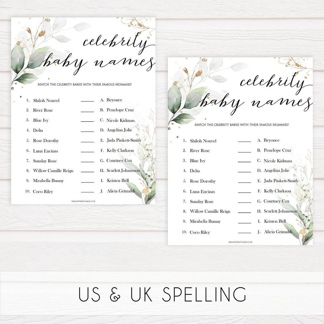 Gold green leaf baby games, celebrity baby names, printable baby games, fun baby games, top baby games to play, gold leaf baby shower, greenery baby shower ideas