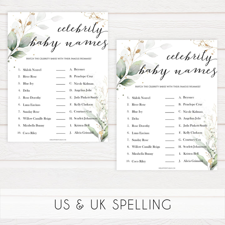 Gold green leaf baby games, celebrity baby names, printable baby games, fun baby games, top baby games to play, gold leaf baby shower, greenery baby shower ideas