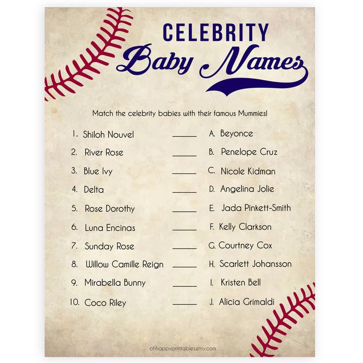 Baseball Celebrity Baby Names, Match Celebrity Babies, Famous Babies Game, Baby Shower Games, Guess the Celebrity Baby, Famous Baby, printable baby shower games, fun baby shower games, popular baby shower games