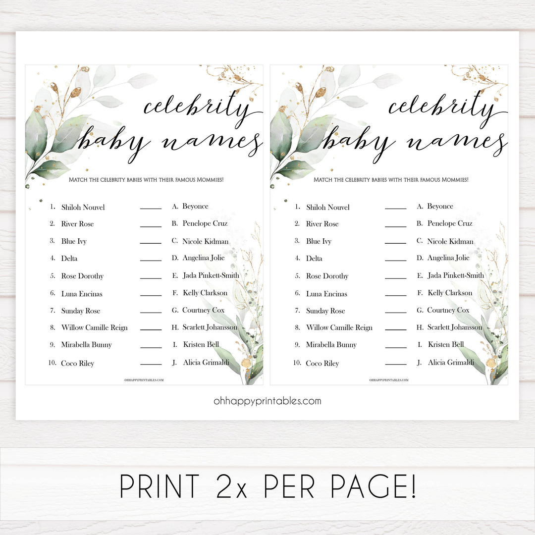 Gold green leaf baby games, celebrity baby names, printable baby games, fun baby games, top baby games to play, gold leaf baby shower, greenery baby shower ideas