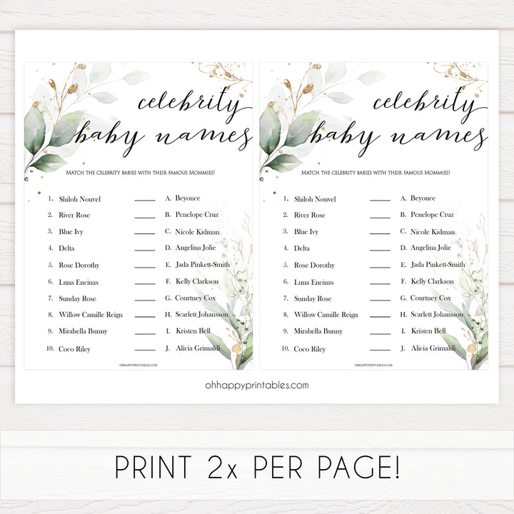 Gold green leaf baby games, celebrity baby names, printable baby games, fun baby games, top baby games to play, gold leaf baby shower, greenery baby shower ideas