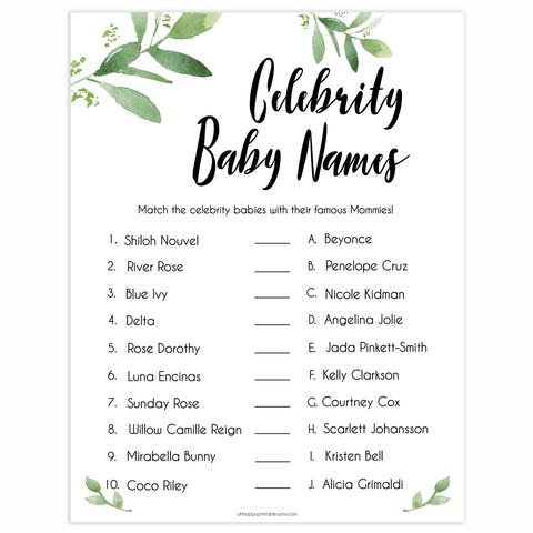 Botanical Celebrity Baby Names, Greenery Guess the Celebrity Baby, Famous Babies Game, Celebrity Babies Game, Botanical Baby Shower, top baby shower games, best baby games, baby shower games