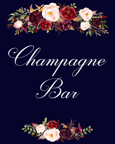 champagne bar burgundy marsala dark blue wedding sign