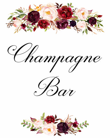 champagne bar burgundy marsala wedding sign