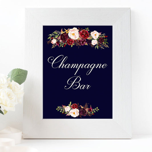 champagne bar burgundy marsala dark blue wedding sign printable