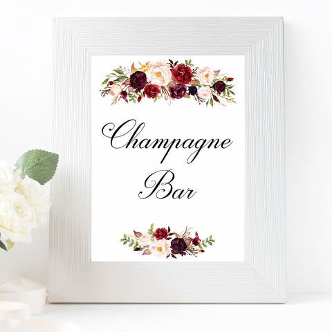 champagne bar burgundy marsala wedding sign printable