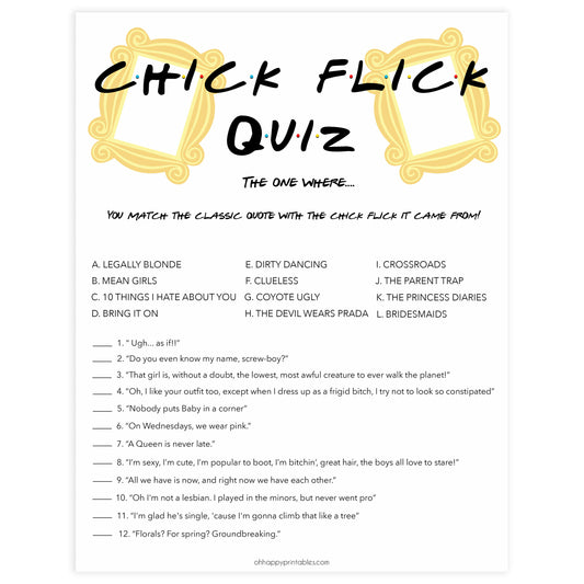 chick flick quiz, bridal chick flick, Printable bridal shower games, friends bridal shower, friends bridal shower games, fun bridal shower games, bridal shower game ideas, friends bridal shower