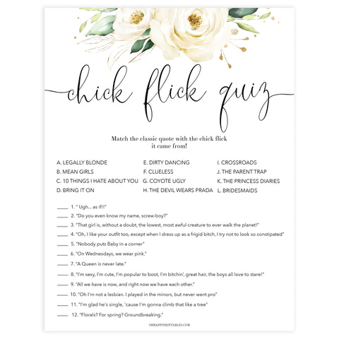 chick flick movie quiz, movie quiz game, Printable bachelorette games, floral bachelorette, floral hen party games, fun hen party games, bachelorette game ideas, floral adult party games, naughty hen games, naughty bachelorette games