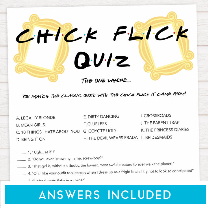 chick flick quiz, bridal chick flick, Printable bridal shower games, friends bridal shower, friends bridal shower games, fun bridal shower games, bridal shower game ideas, friends bridal shower